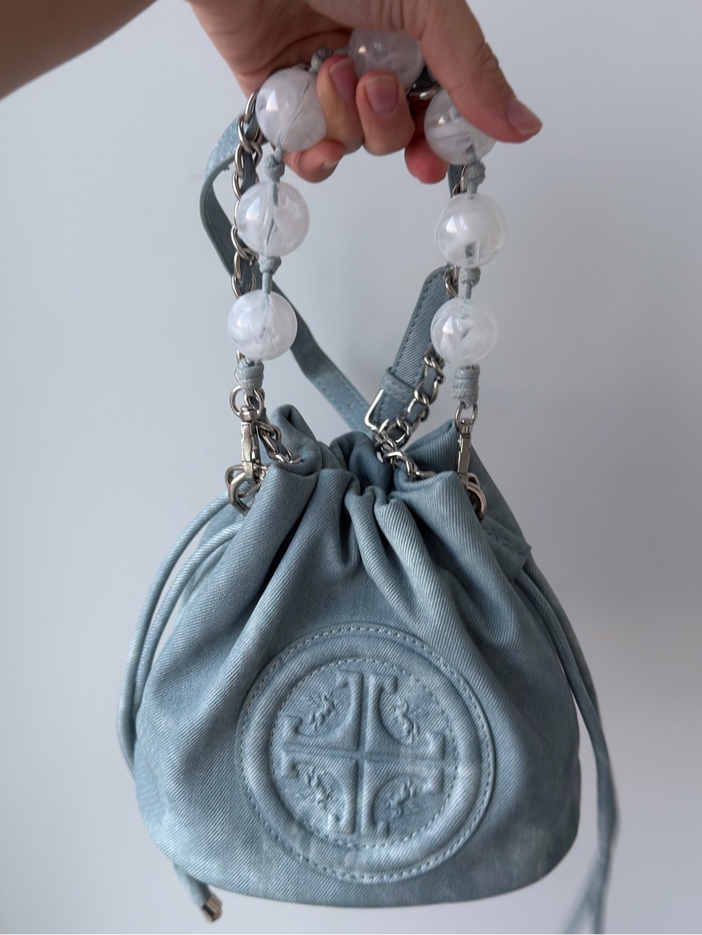 Light Blue Mini Drawstring Bucket Bag with Pearl-Style Handle - Picture 8 of 10